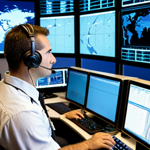 Home 15 **Image Prompt:** An aircraft dispatcher in a modern operations center, intensely focused on multiple computer screens displaying flight planning software and real-time weather data. He is communicating via headset. The atmosphere is high-tech and professional. Lighting is bright, emphasizing focus and precision. *Style: realistic, detailed, cinematic lighting*