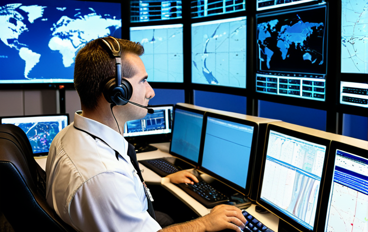 **Image Prompt:** An aircraft dispatcher in a modern operations center, intensely focused on multiple computer screens displaying flight planning software and real-time weather data. He is communicating via headset. The atmosphere is high-tech and professional. Lighting is bright, emphasizing focus and precision. *Style: realistic, detailed, cinematic lighting*