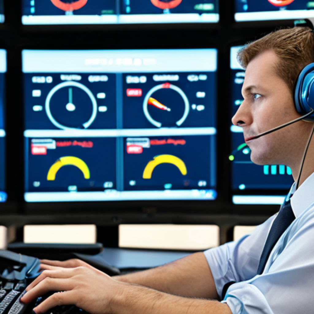 An air traffic controller in a modern, ergonomically designed workstation. The controller is wearing a comfortable headset and looking at a large, anti-glare display with multiple data streams. The focus is on the improved technology and comfortable working conditions. Natural lighting, calm atmosphere.