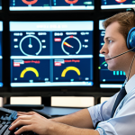 An air traffic controller in a modern, ergonomically designed workstation. The controller is wearing a comfortable headset and looking at a large, anti-glare display with multiple data streams. The focus is on the improved technology and comfortable working conditions. Natural lighting, calm atmosphere.