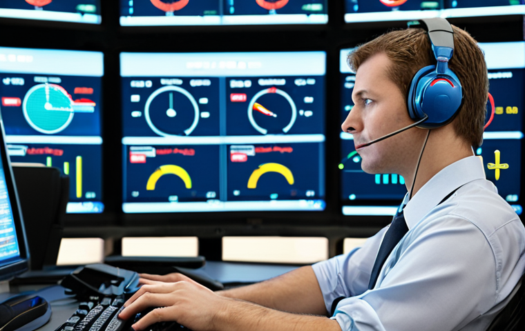 An air traffic controller in a modern, ergonomically designed workstation. The controller is wearing a comfortable headset and looking at a large, anti-glare display with multiple data streams. The focus is on the improved technology and comfortable working conditions. Natural lighting, calm atmosphere.