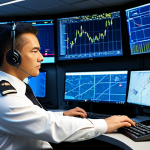 A professional Flight Operations Officer (FOO) in a modest business suit, seated at a sophisticated control desk in a modern flight operations center. The FOO is intensely focused on multiple large computer screens displaying real-time flight data, intricate weather maps, and complex flight paths, with hands resting naturally on a keyboard or mouse. The room is softly lit by the glow of the monitors, highlighting the high-tech environment. The overall atmosphere is one of calm precision and intense concentration. The subject is fully clothed, appropriate attire, safe for work, professional, perfect anatomy, correct proportions, natural pose, well-formed hands, proper finger count, natural body proportions, professional photography, high quality.