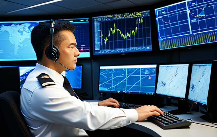 A professional Flight Operations Officer (FOO) in a modest business suit, seated at a sophisticated control desk in a modern flight operations center. The FOO is intensely focused on multiple large computer screens displaying real-time flight data, intricate weather maps, and complex flight paths, with hands resting naturally on a keyboard or mouse. The room is softly lit by the glow of the monitors, highlighting the high-tech environment. The overall atmosphere is one of calm precision and intense concentration. The subject is fully clothed, appropriate attire, safe for work, professional, perfect anatomy, correct proportions, natural pose, well-formed hands, proper finger count, natural body proportions, professional photography, high quality.