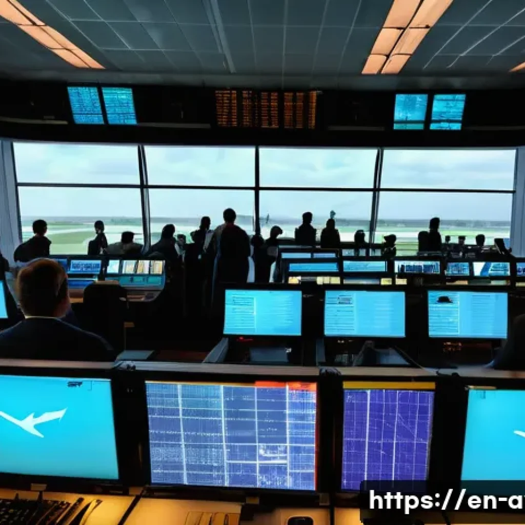 항공운항관리사 업무 체크리스트 - A busy air traffic control tower interior during peak hours, featuring diverse air traffic controlle...