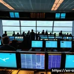 Home 22 항공운항관리사 업무 체크리스트 - A busy air traffic control tower interior during peak hours, featuring diverse air traffic controlle...