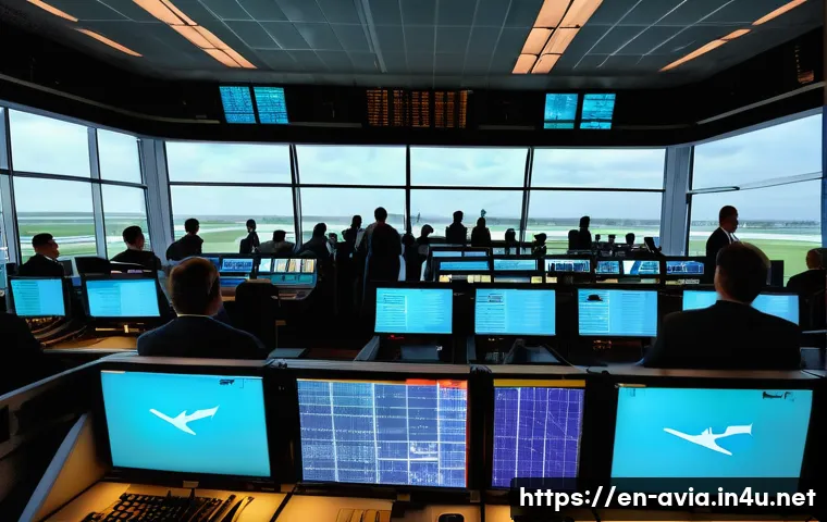 항공운항관리사 업무 체크리스트 - A busy air traffic control tower interior during peak hours, featuring diverse air traffic controlle...