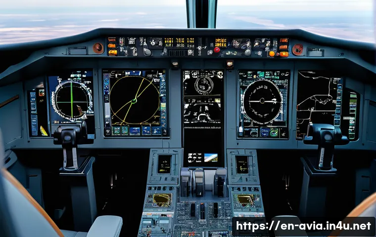 항공운항관리사 플라이트 플랜 작성법 - A detailed cockpit view of a commercial airliner during flight planning, featuring multiple high-tec...