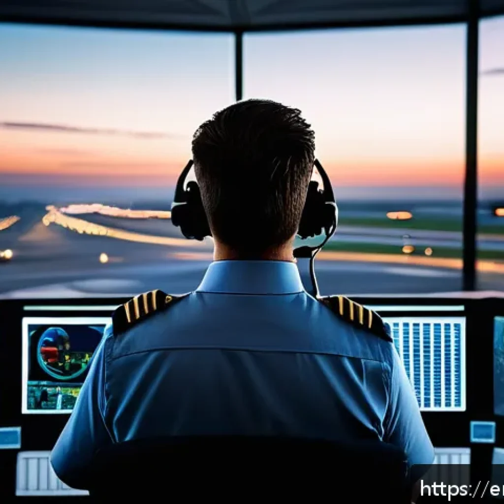 항공운항관리사 연봉 협상 팁 - A professional air traffic controller in a modern control tower overlooking a busy airport runway at...
