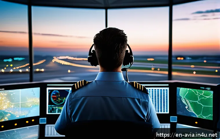 항공운항관리사 연봉 협상 팁 - A professional air traffic controller in a modern control tower overlooking a busy airport runway at...