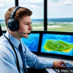 Home 19 항공운항관리사 취업 성공 사례 - A focused young air traffic controller trainee sitting at a high-tech control tower simulator, weari...