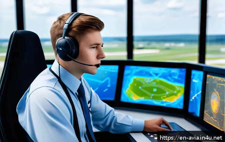 항공운항관리사 취업 성공 사례 - A focused young air traffic controller trainee sitting at a high-tech control tower simulator, weari...
