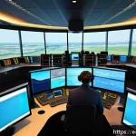 Home 18 항공운항관리사 보수 및 복리후생 - A modern air traffic control tower interior with diverse controllers wearing professional attire and...