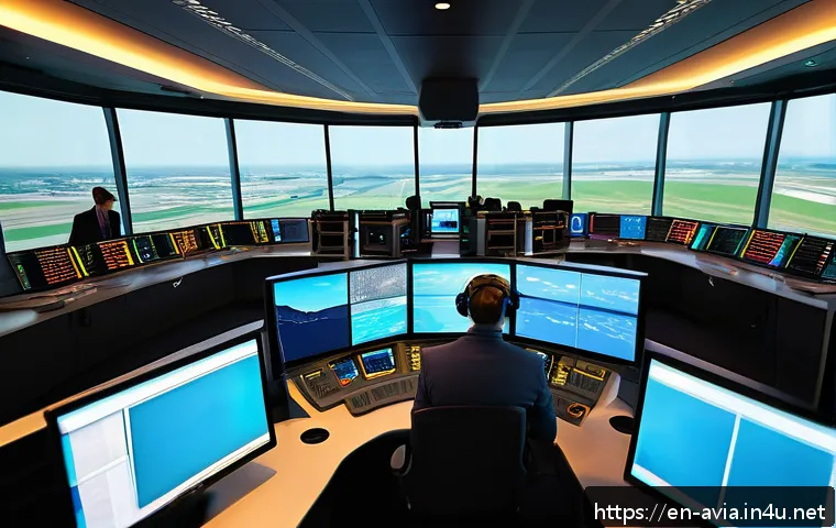 항공운항관리사 보수 및 복리후생 - A modern air traffic control tower interior with diverse controllers wearing professional attire and...