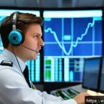 Home 23 항공운항관리사 직무 스트레스 해소법 - A focused air traffic controller in a modern control tower, sitting attentively at a multi-screen ra...