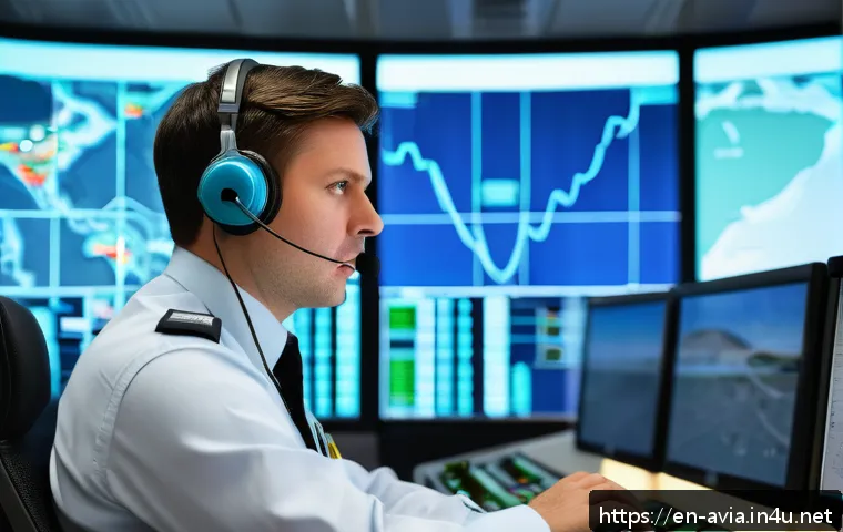 항공운항관리사 직무 스트레스 해소법 - A focused air traffic controller in a modern control tower, sitting attentively at a multi-screen ra...
