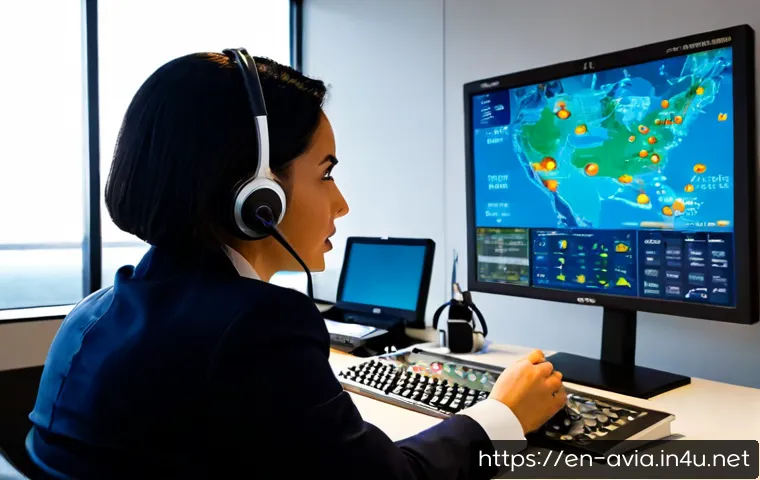 항공운항관리사와 FAA 기준 - Photorealistic airline operations control center in the United States, a focused flight dispatcher i...